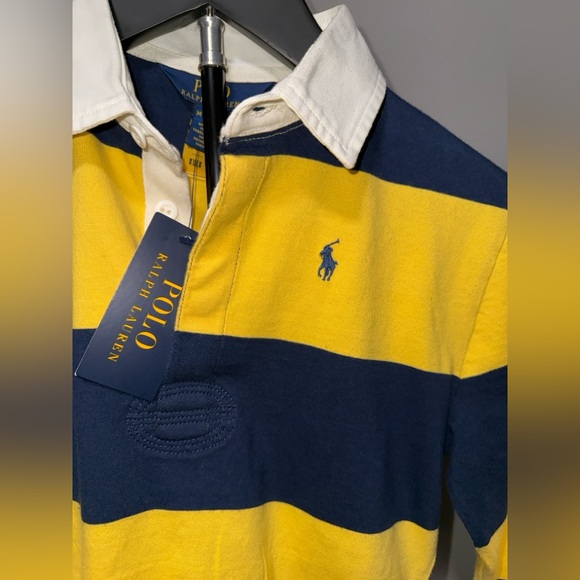 Polo Ralph Lauren Girls Cropped Rugby Shirt Yellow Navy Stripe Size M (8–10) NWT - Picture 4 of 9